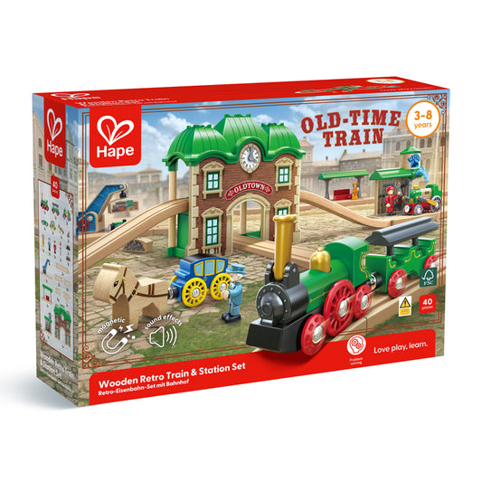 Wooden Retro Train & Station Set